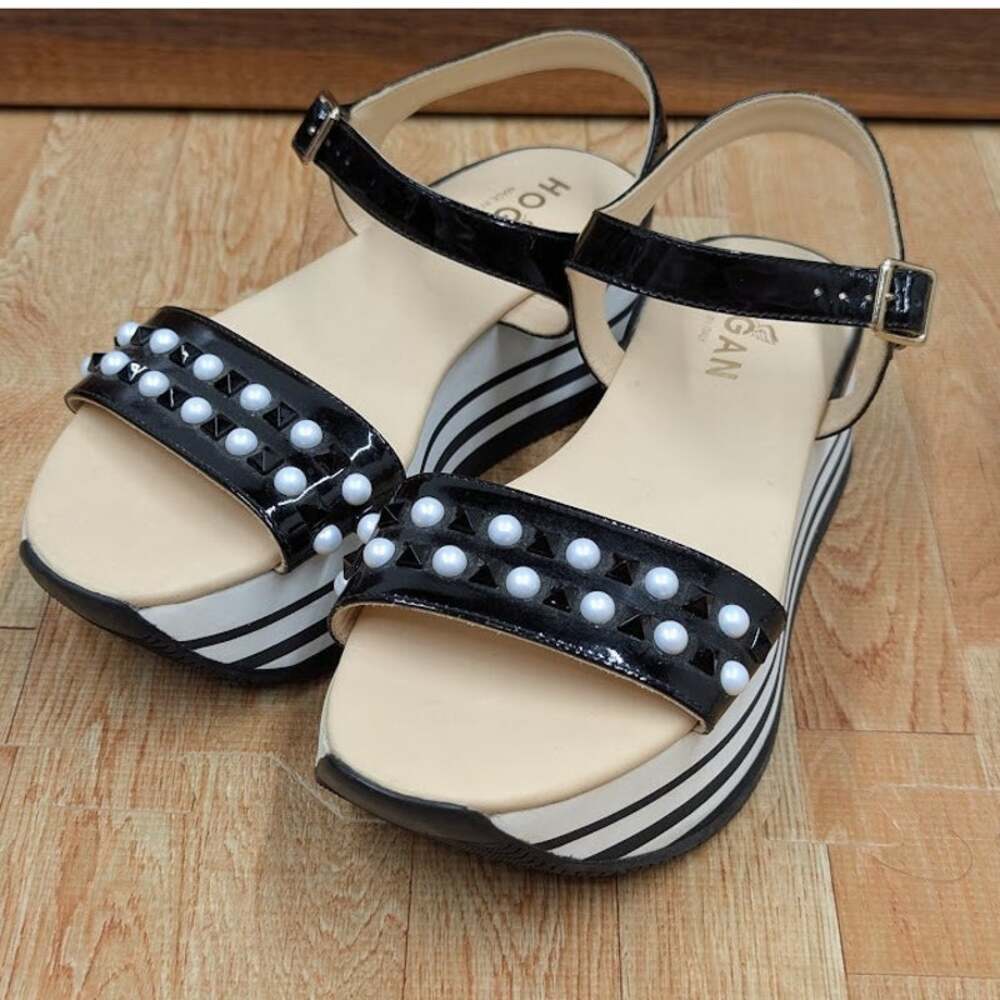 HOGAN womens platform sandals size EU 37.5 US 7 white and black ankle strap